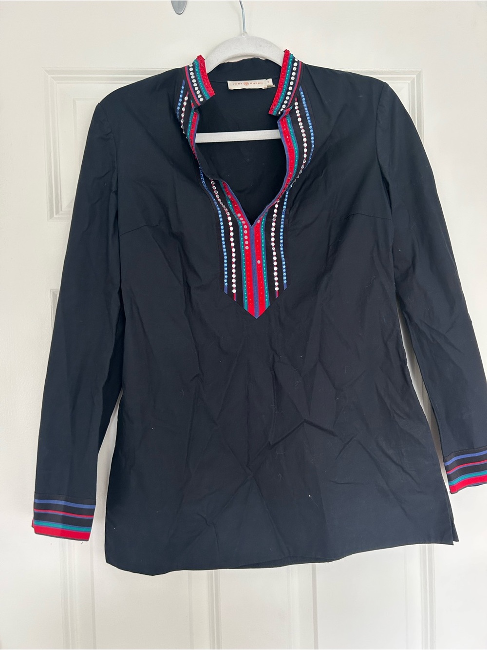 Tory Burch Black Tunic with Red, Blue & Pink Embroidered Trim